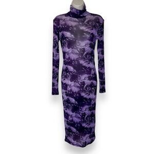 Vintage Newport News Mesh Bodycon Midi High Neck Long Sleeve Purple Dress Small